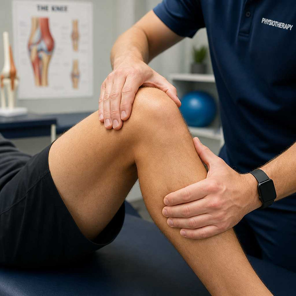 Physiotherapist performing knee assessment and examination during clinical evaluation