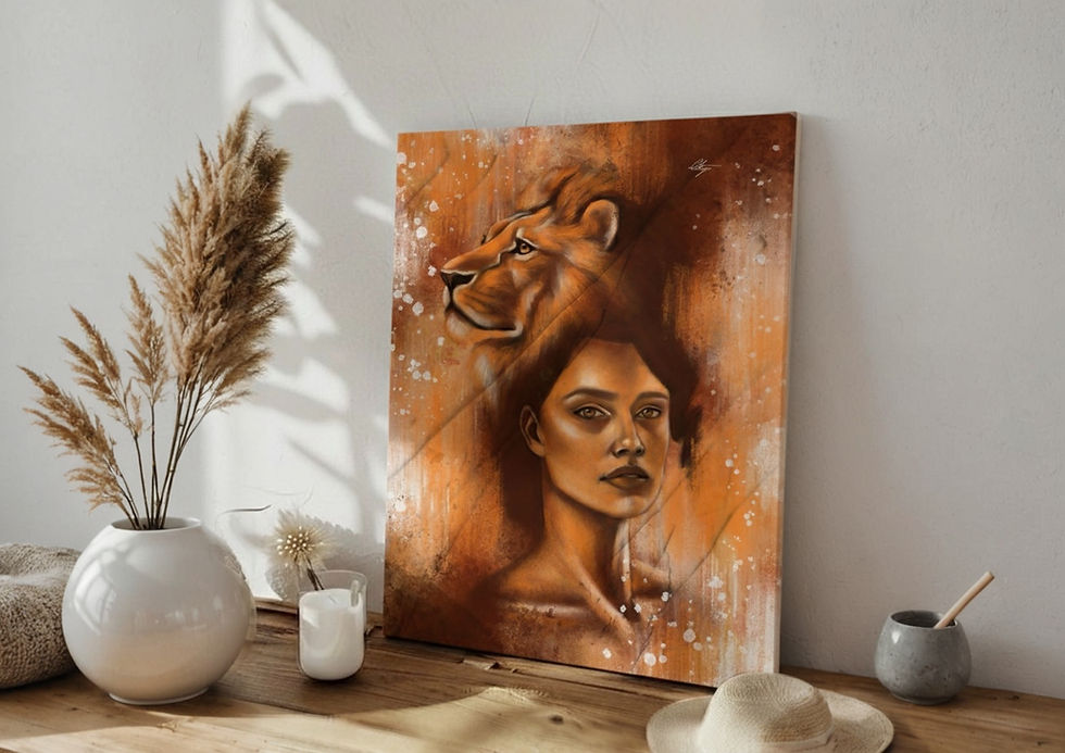 A painting depicting a woman's face and a lion's head on a warm-toned canvas. It's placed on a wooden table with dried plants and a hat nearby.