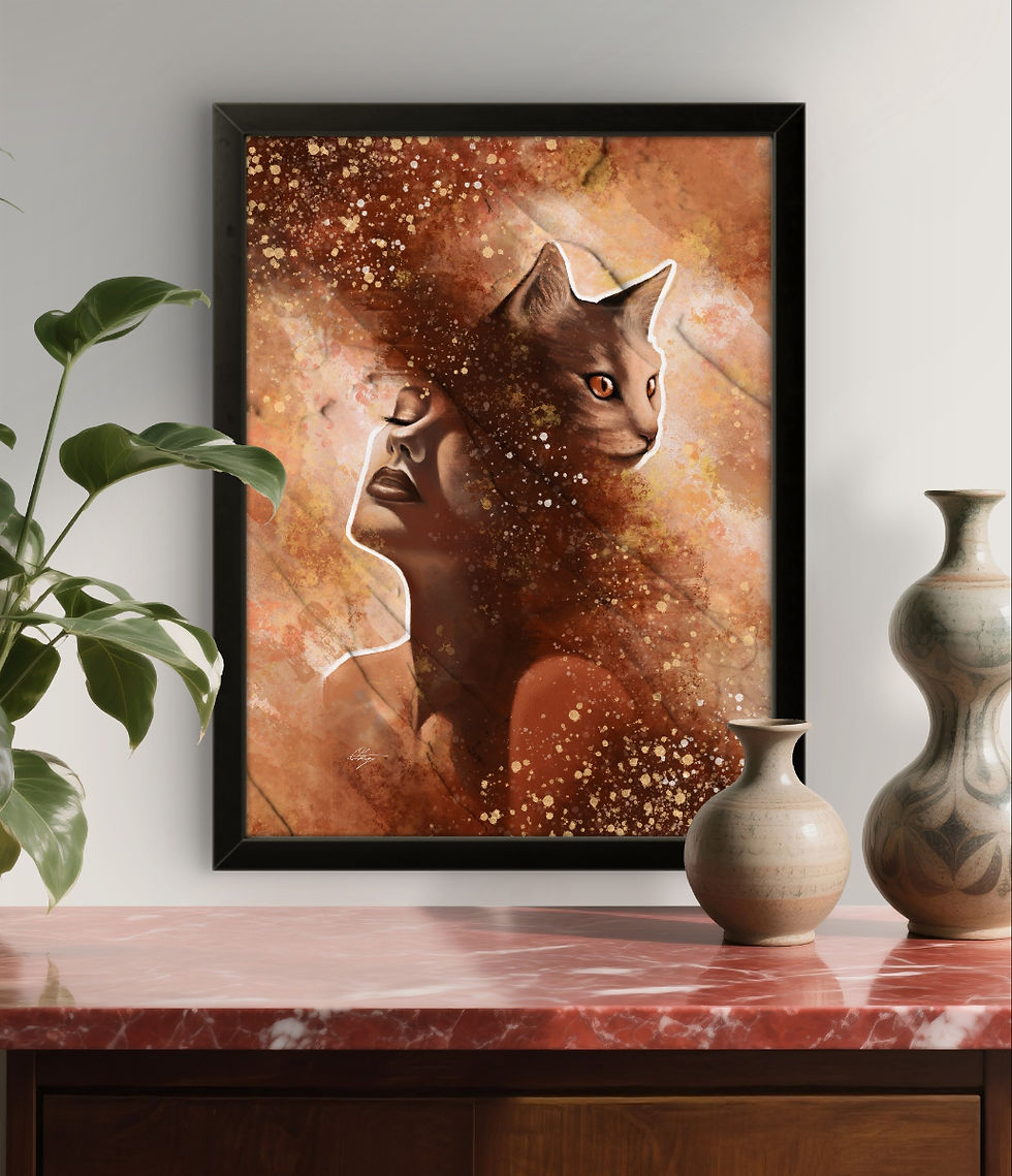 Thumbnail: free sunstone spiritual abstract artwork mixed media style, cat feminine sunstone crystal energy