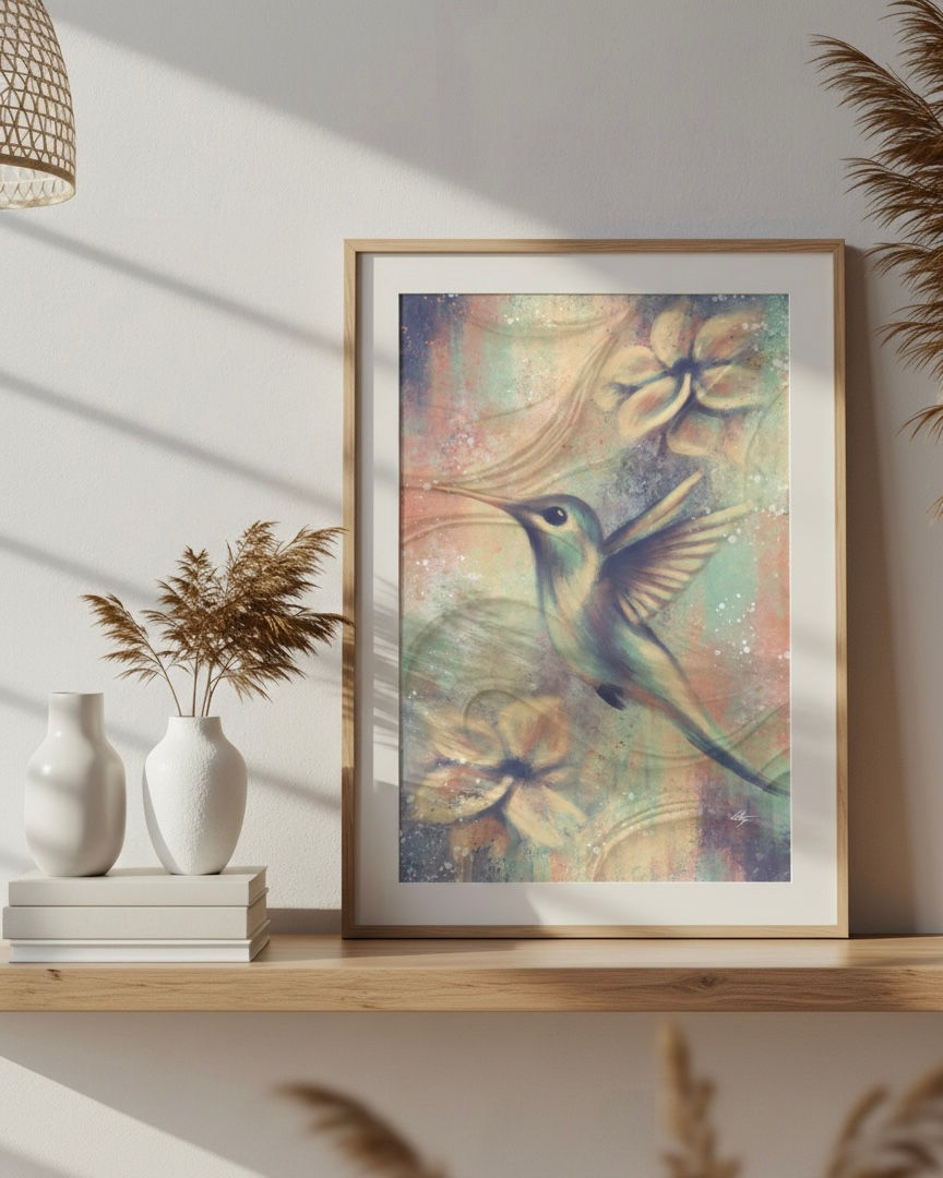 Thumbnail: blessed flight spiritual art rolled poster by OKP Art hummingbird symbolism opal crystal colours