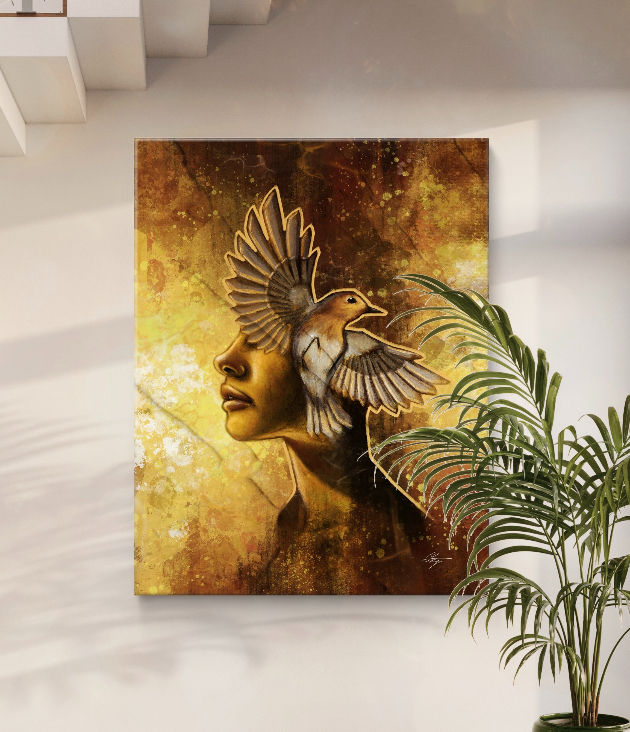 baby robin - spiritual abstract art - robin symbol - tigers eye - OKP Art