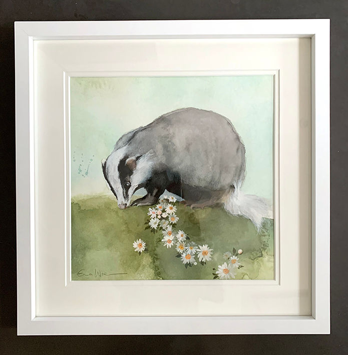 Framed original watercolour painting of Mrs Badger, foraging amongst the Spring daisies