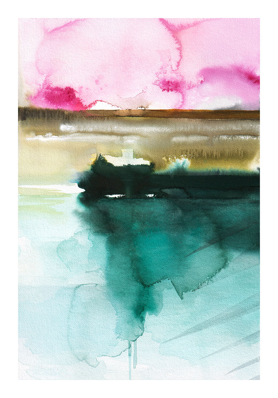 Abstract aqua and pink watercolour Giclee print by Emma Wren olour Giclee print. Pink sunset