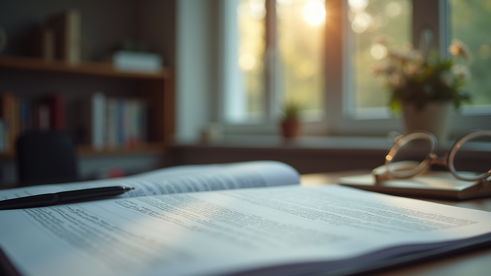 Vue rapprochée d’un bureau avec des documents juridiques et un stylo