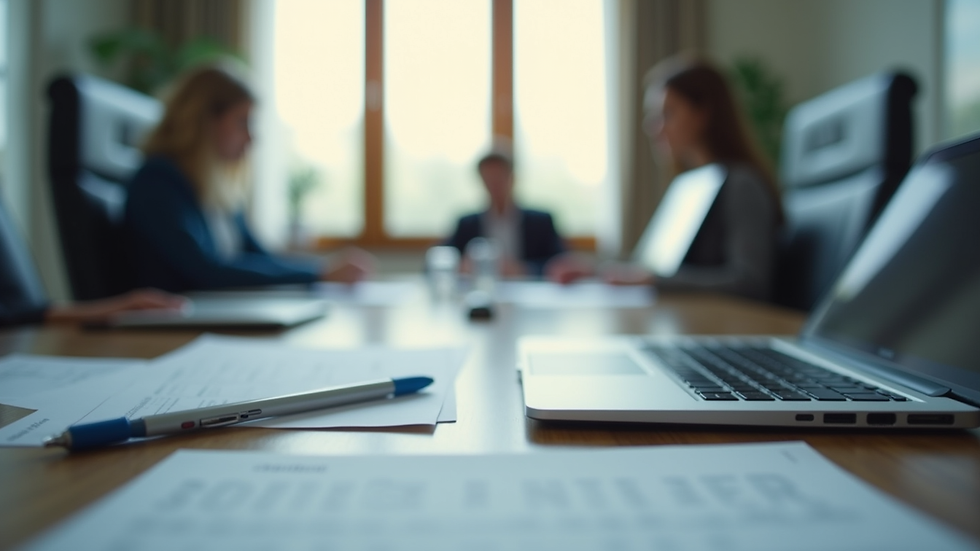 Vue en plongée d’une réunion de travail avec des documents et un ordinateur portable