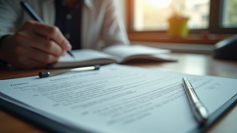 Vue rapprochée d’un bureau avec des documents juridiques et un stylo