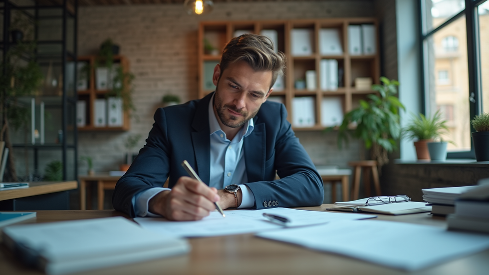 Vue en plongée d’un entrepreneur consultant des documents juridiques sur un bureau