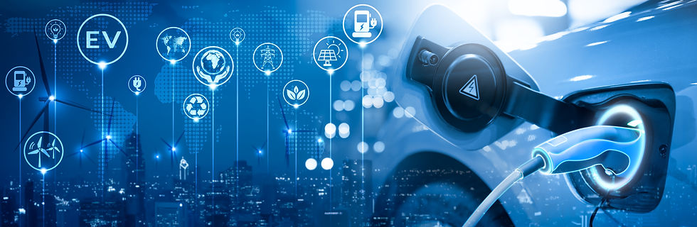 Energy EV car concept. Futuristic hybrid vehicle charge battery electric on station blur cityscape on panoramic banner blue background with icon illustration environment friendly. green eco technology (Adobe Stock)