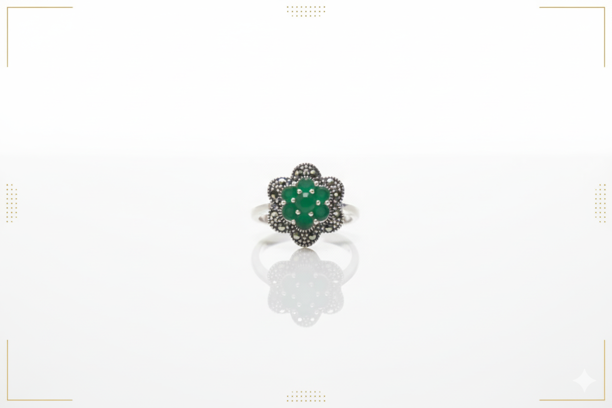 Floral Marcasite and Green Stone Ring