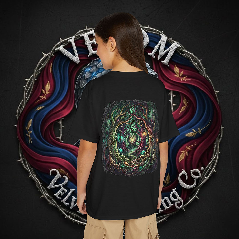 Thumbnail: Enchanted Forest Youth T-Shirt — Red Handwritten Script Graphic