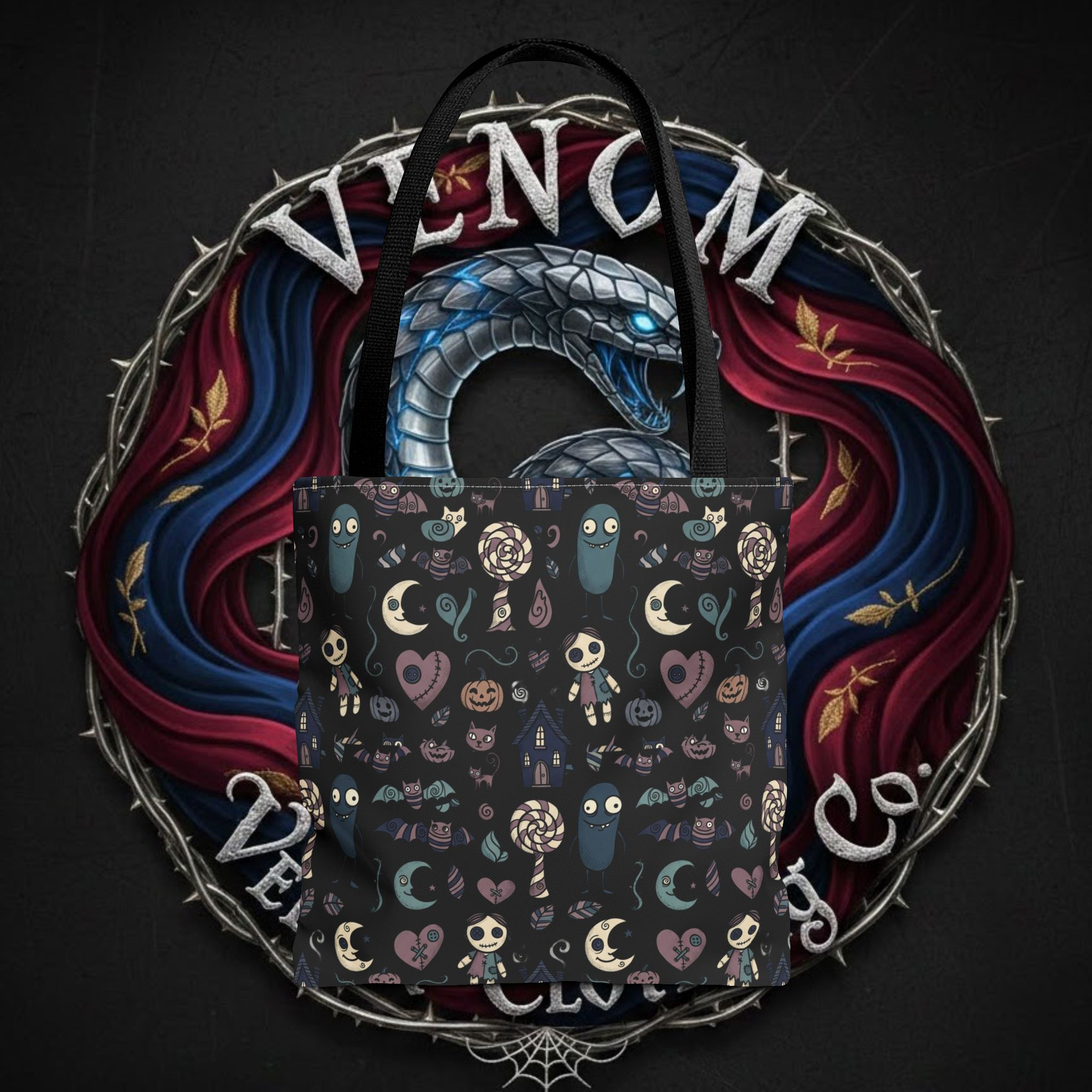 Nighttime Spooky Pattern Tote Bag — Cute Gothic Moon & Ghosts All-Over Print