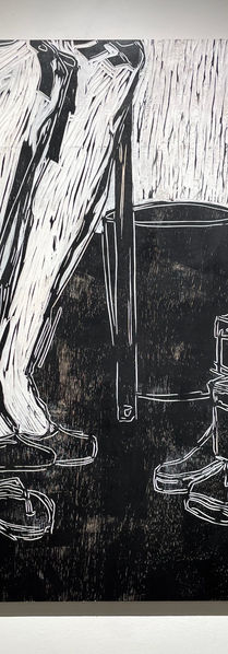 black and white social commentary woodcut by Singaporean Artist Zhang Fuming