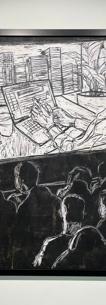Black and white social commentary woodcut by Singaporean Artist Zhang Fuming.
