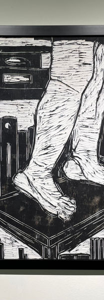 Figurative Social Commentary woodcut by Singaporean artist and printmaker Zhang Fuming.