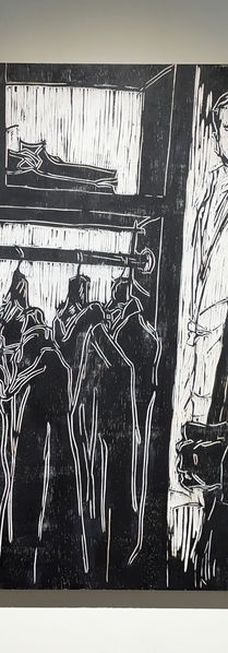 Social commentary figurative woodcut by Singaporean artist Zhang Fuming.

