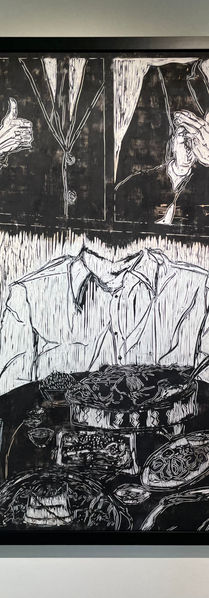 Large scale social commentary woodcut by Singapore artist and printmaker Zhang Fuming.