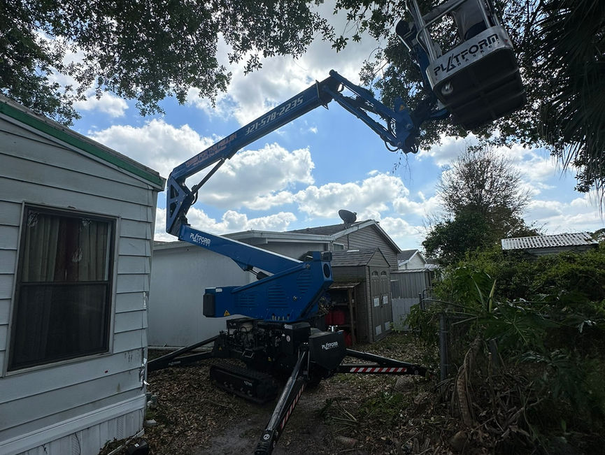 A tracked blue boom lift working in a tight side yard under large oaks, with cut brush on the ground in Port Orange, Florida.