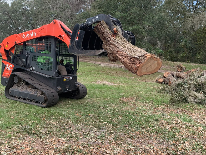 A red Kubota track loader carrying a cut log across a lawn in Port Orange, Florida.
