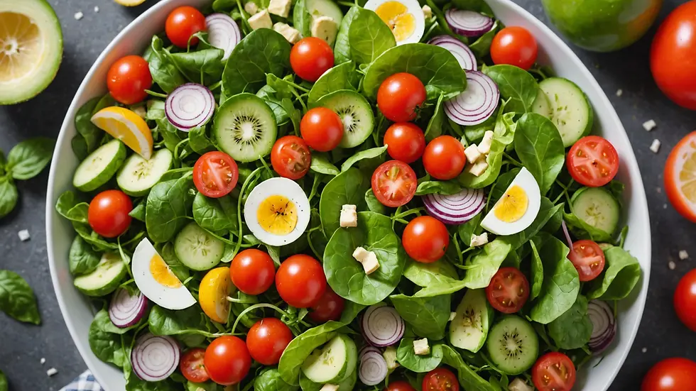 High angle view of a colorful summer salad with various garden produce