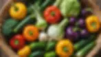 Eye-level view of fresh, organic vegetables in a basket