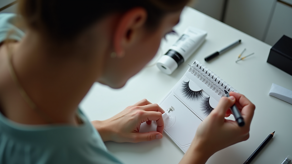 High angle view of a beauty professional setting up a lash extension workstation