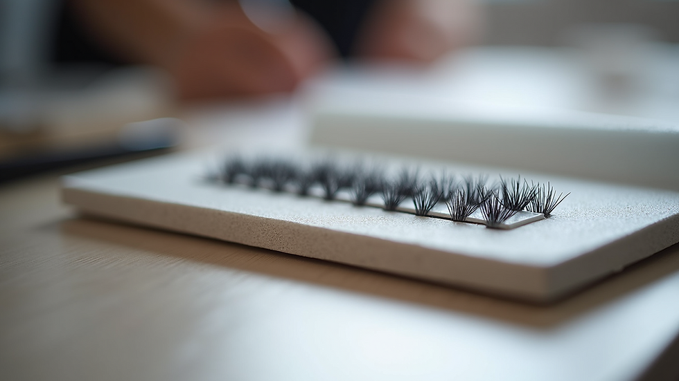 Close-up view of eyelash extension tools arranged neatly on a training table