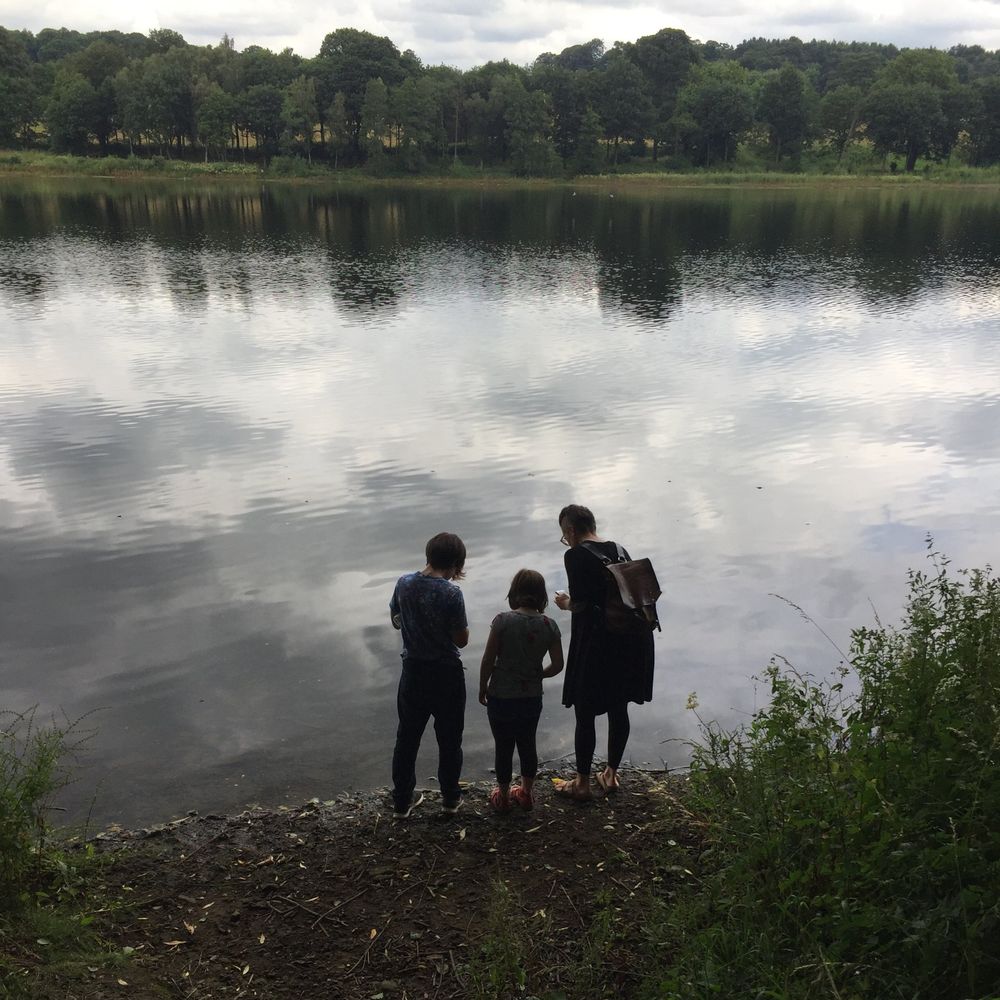 An adult and two children at the edge of a lake on an overcast day
