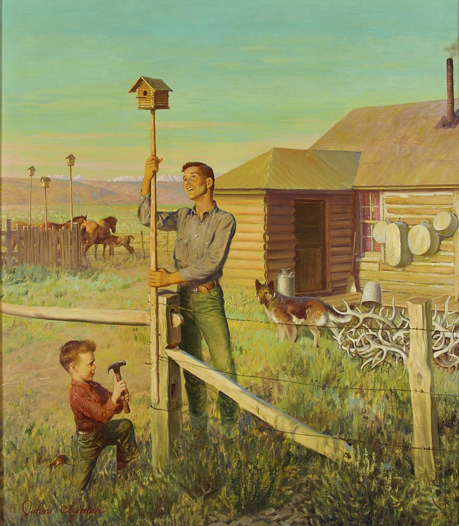 John Ford Clymer, Putting Up Birdhouses, Saturday Evening Post cover 1951, sold for $187,500