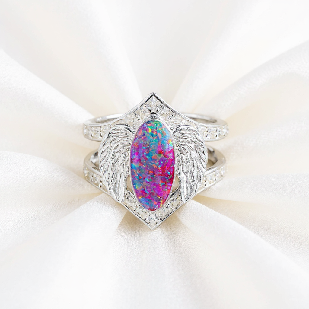 Cremation Angel Wing Moissanite Diamond Ring .960 Silver Front View