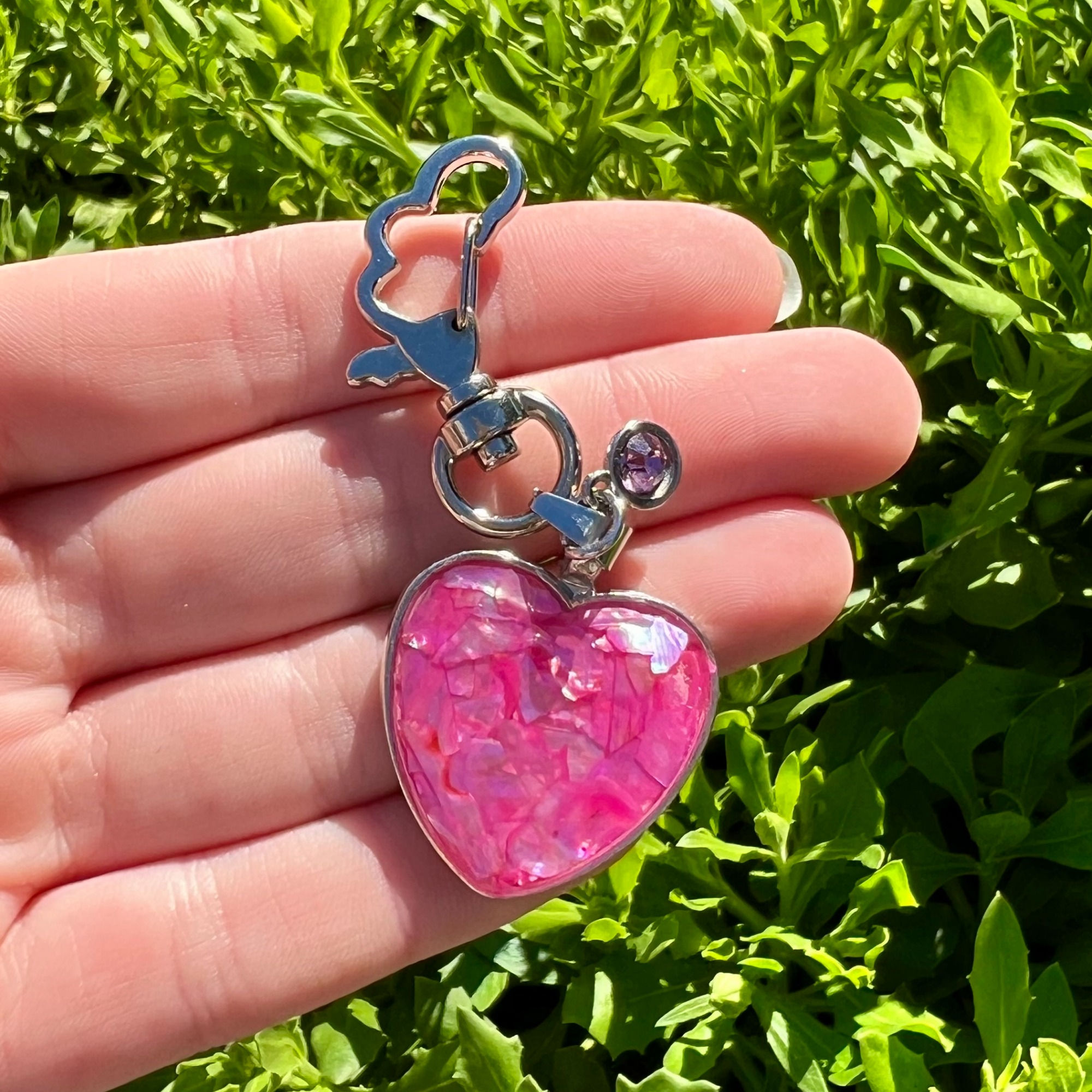 Angel Heart Keychain Front View Pink Abalone Hand Held