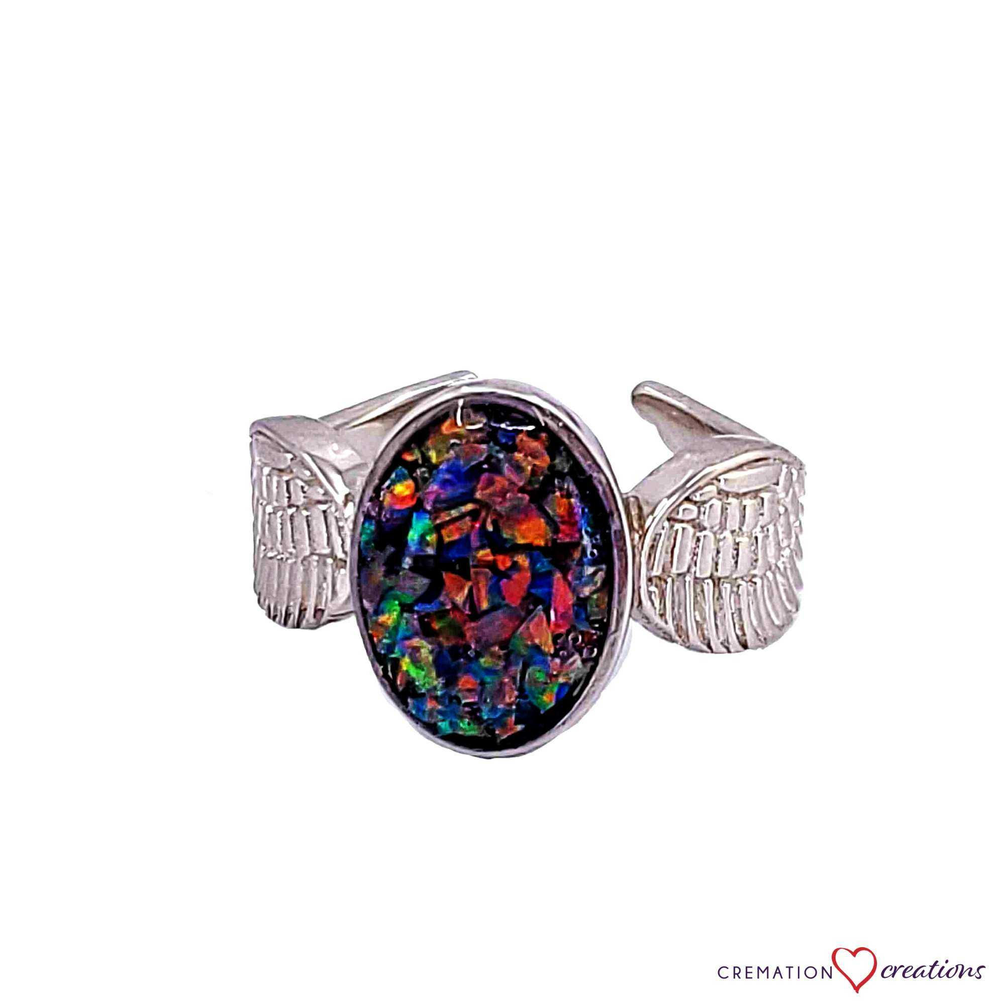 Cremation ANgel Wing Oval Opal Ring Front View White Background