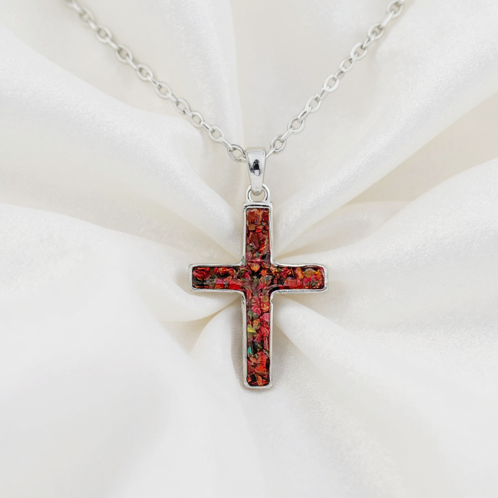 Cremation Dainty Cross Pendant .960 Silver Front View
