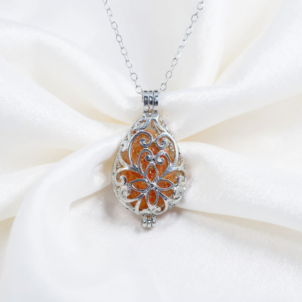 Cremation Whisper Locket with Opal and Ash Bead .960 Silver Front View Silk White Background