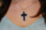 Thumbnail: Cremation Ceramic Opal Cross Pendant Front View On Neck