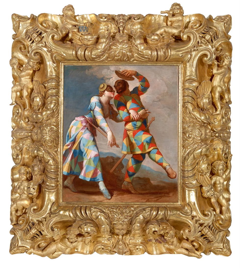 Colorful jesters in a gilded frame