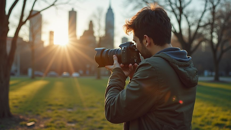 Eye-level view of a photographer capturing a portrait in a Brooklyn park