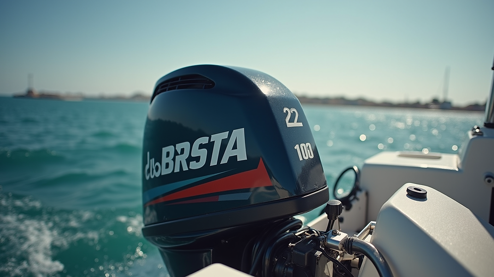 Close-up view of a boat outboard motor with visible engine parts