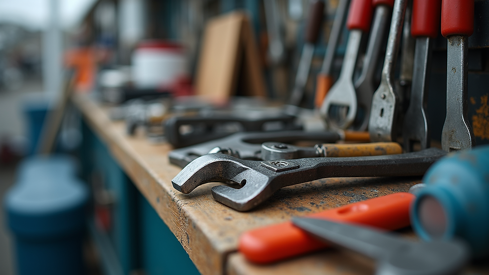 Close-up view of marine tools and boat maintenance supplies on display