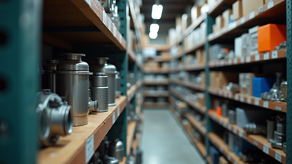 Eye-level view of a well-organized marine parts store shelf filled with boat components