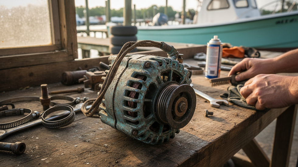 Close-up view of a marine alternator on a workbench