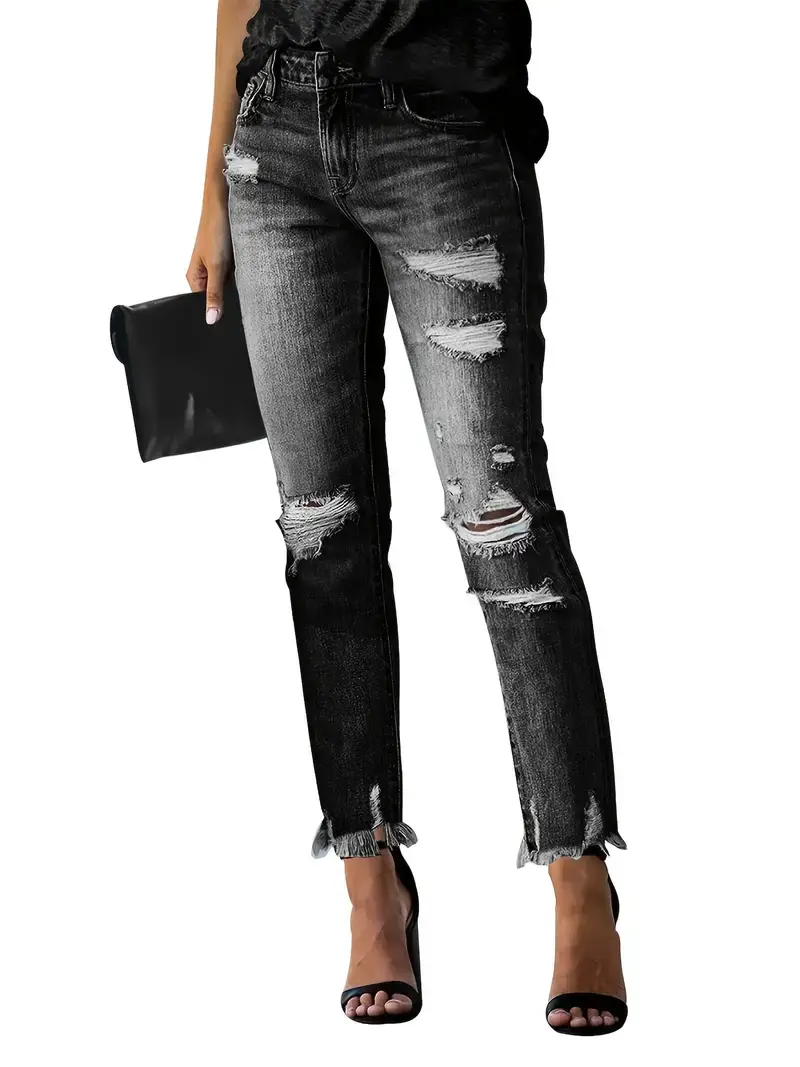Distressed Raw Hem Straight Slim Fit Women's Jeans