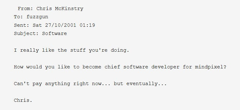 Chris McKinstry tarafından MindPixel'de çalışılması için yapılmış bir iş teklifi
