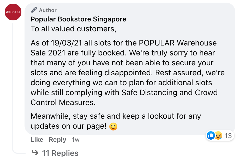 response to those who were unable to secure a spot at the sale