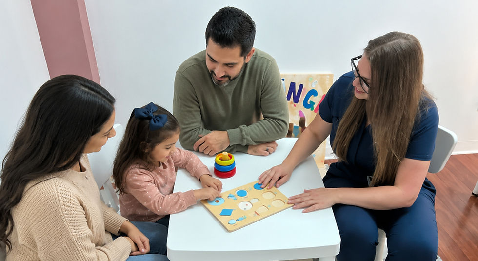 Parent and child meeting with a pediatric speech-language pathologist for an evaluation at VoxLingua Health in Orlando.