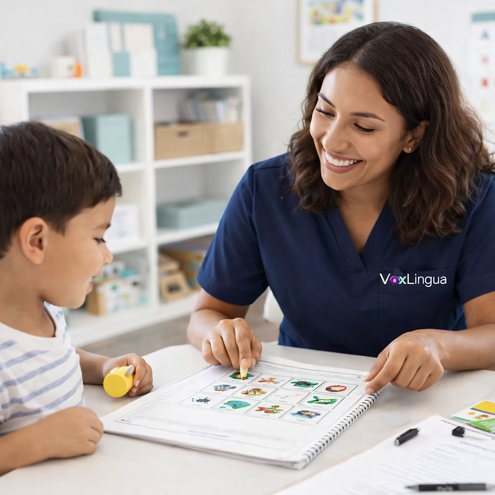 Toddler engaging in language-rich play with a pediatric speech therapist.