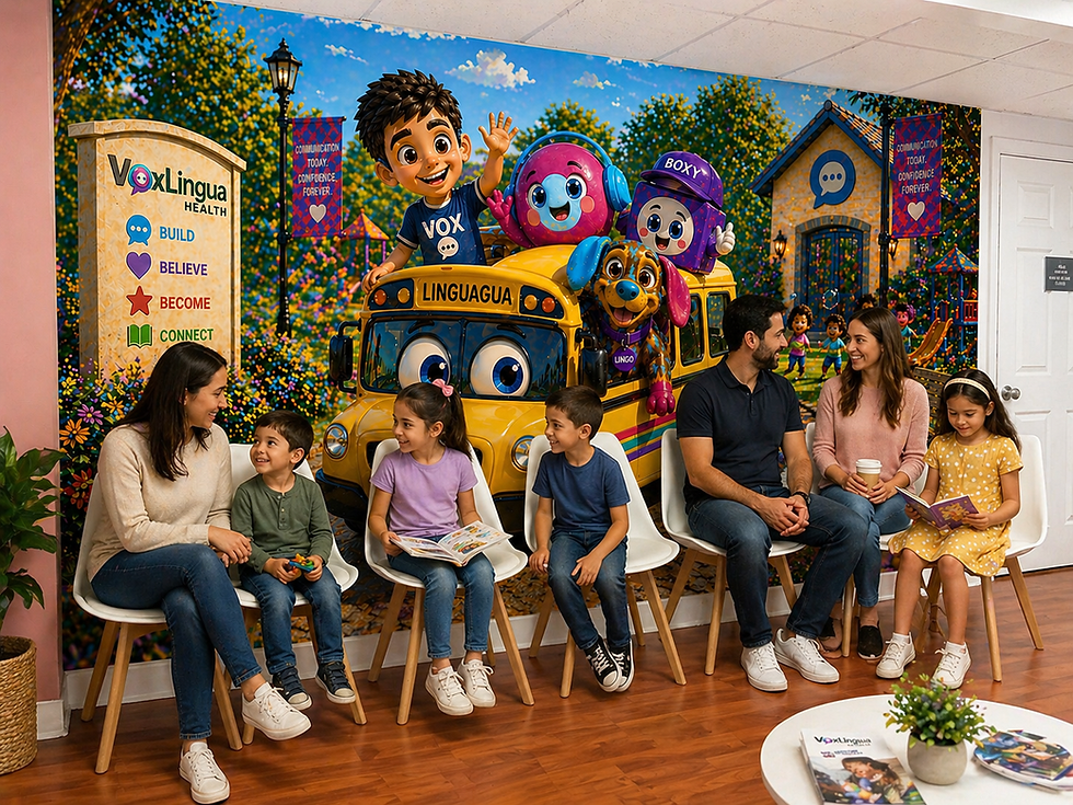 Adults and children in a colorful waiting room with a VoxLingua mural.