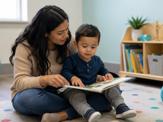 Toddler and caregiver reading together during a language-building routine.