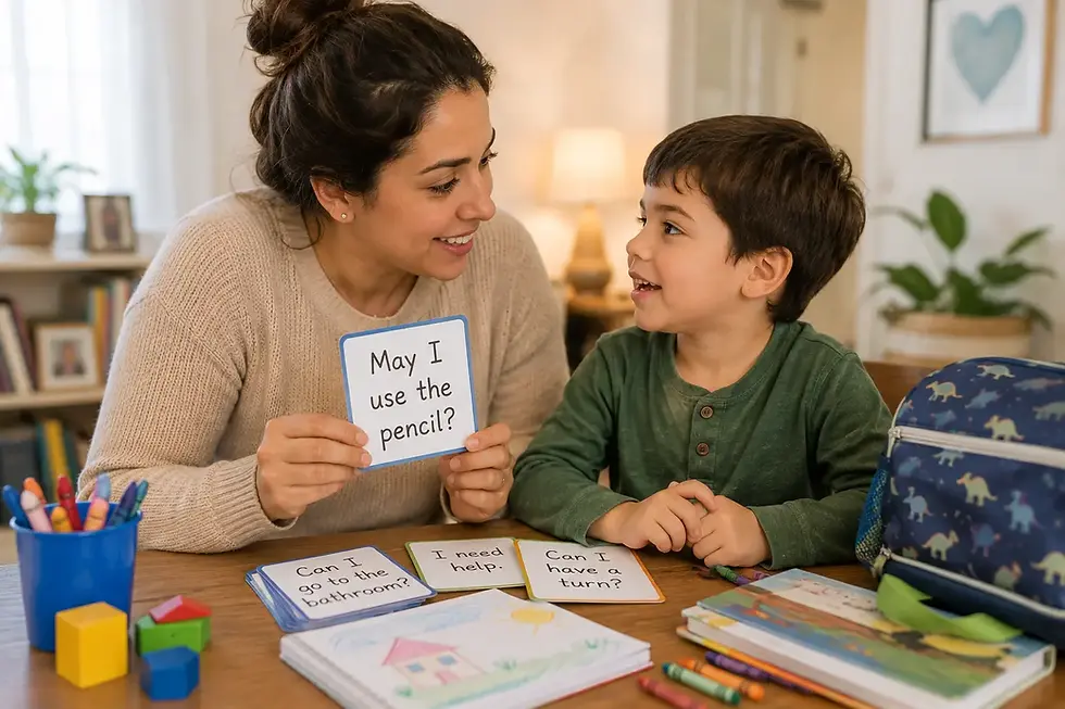 Parent helping a child practice school communication phrases at home