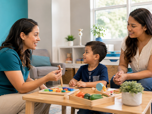 Parent and child meeting with a pediatric speech-language pathologist during an evaluation