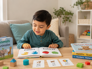 Bilingual child looking at English and Spanish books during language-building play